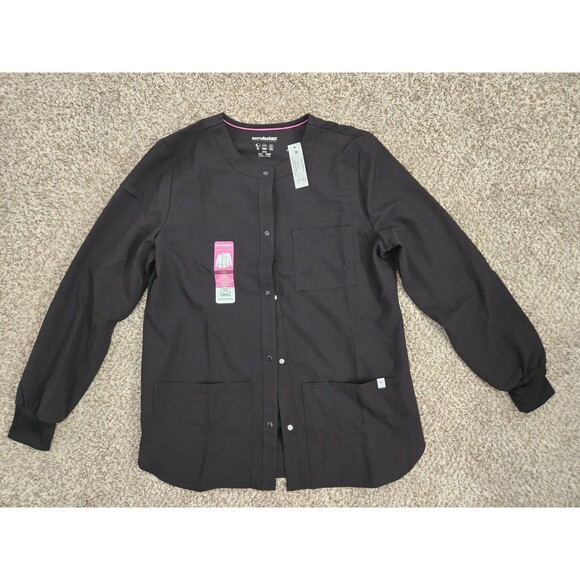 SCRUBSTAR Warm Up Jacket Women Black L/S Snap Front Size Small *NWT* - Picture 1 of 5